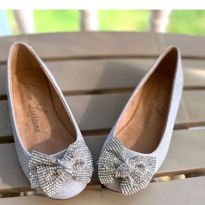Lauren Lorraine Silver Glitter Rhinestone Bow Ballet Flats  Kids‎ Size 10.5 NWB